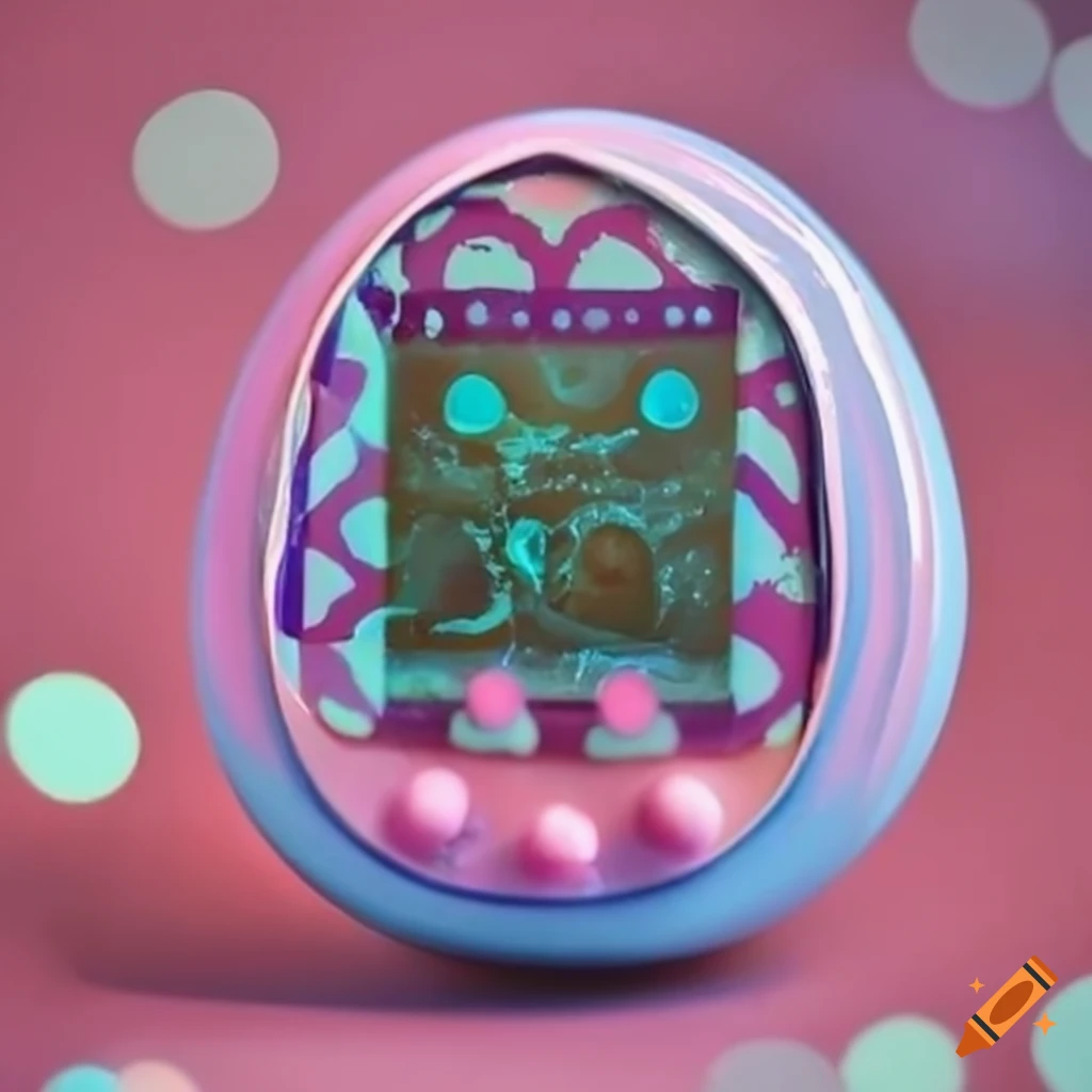 Tamagotchi in a luxurious Parisian pastry shop with bokeh effect