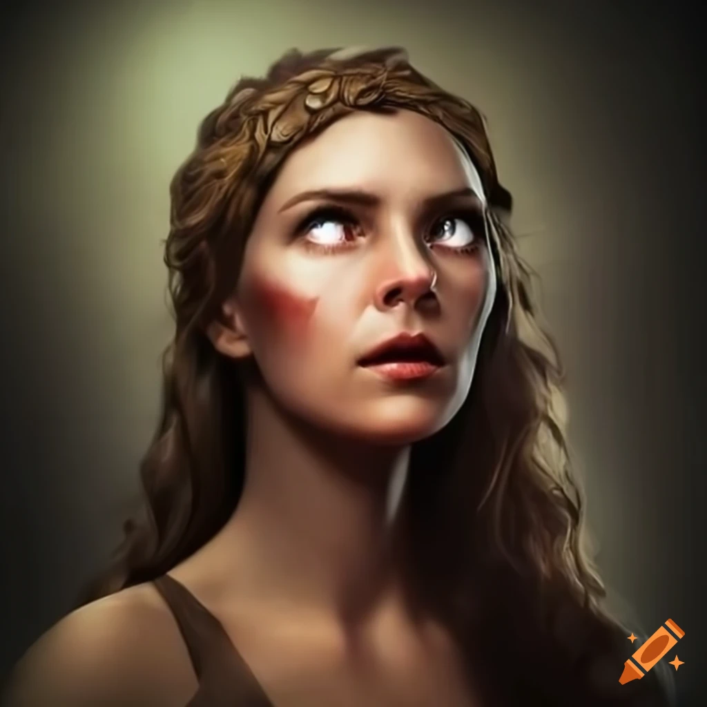 Solemn warrior woman looking upward in awe on Craiyon