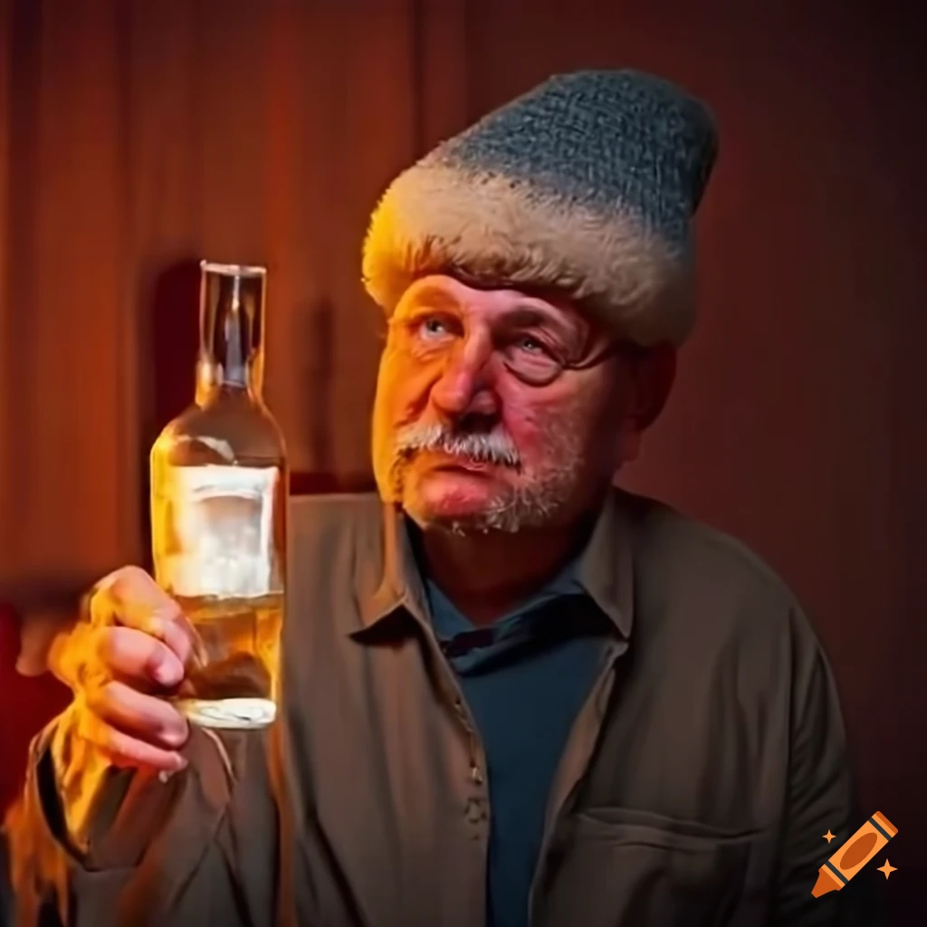 Russian man with a hat holding vodka in a dimly lit room on Craiyon