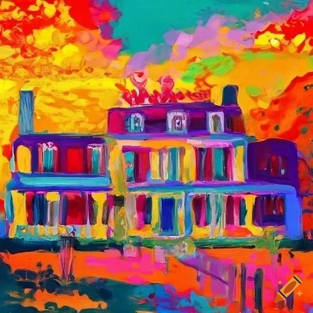 Whimsical Fauvism style painting of a mansion with mules