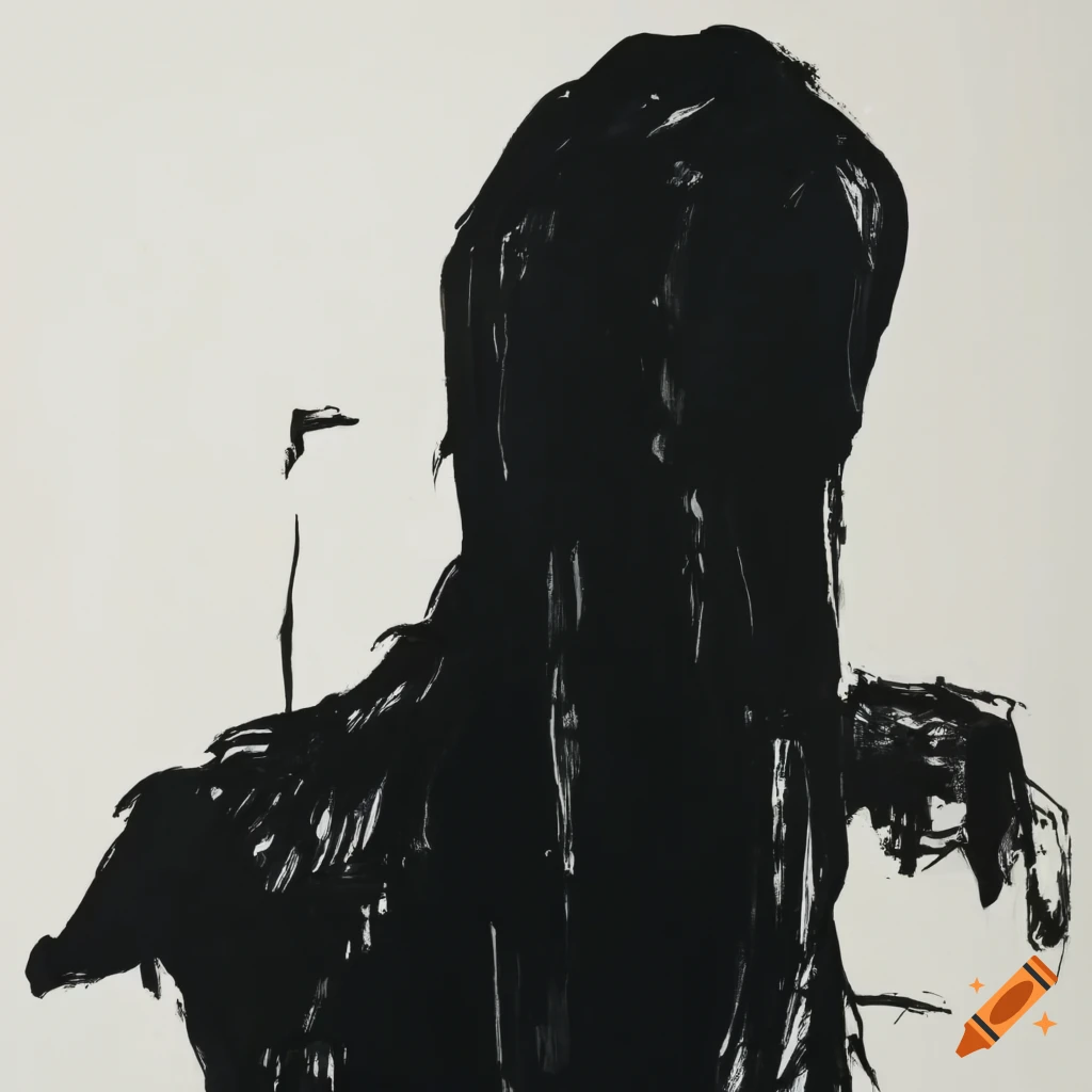 Figure veiled in black robes inspired by Georg Baselitz and Willem de Kooning in black on white