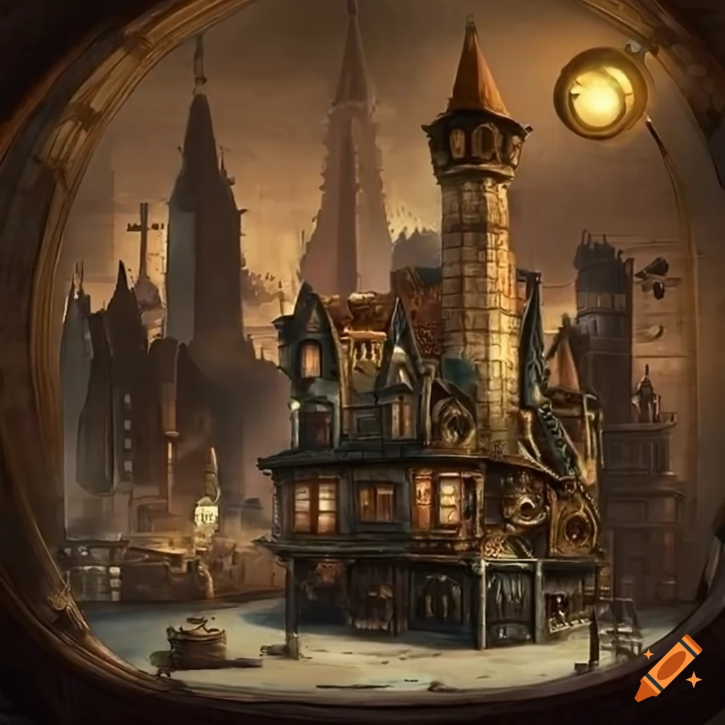 Steampunk auction house in a city with a steampunk aesthetic on Craiyon