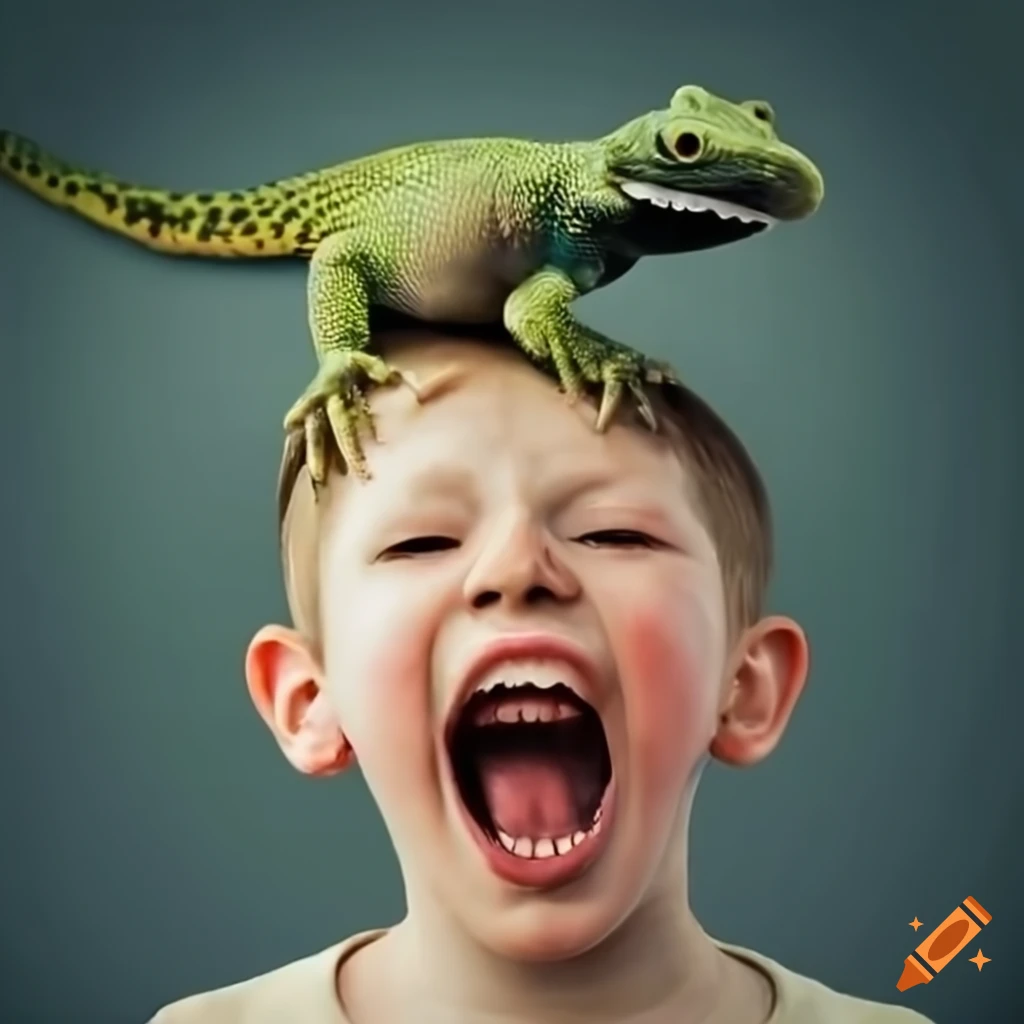 Boy screaming with a lizard on his head