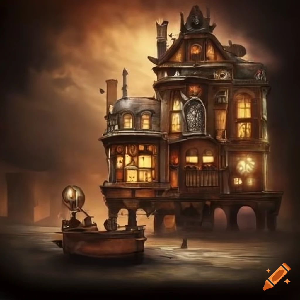 Steampunk auction house in a city with a steampunk aesthetic on Craiyon