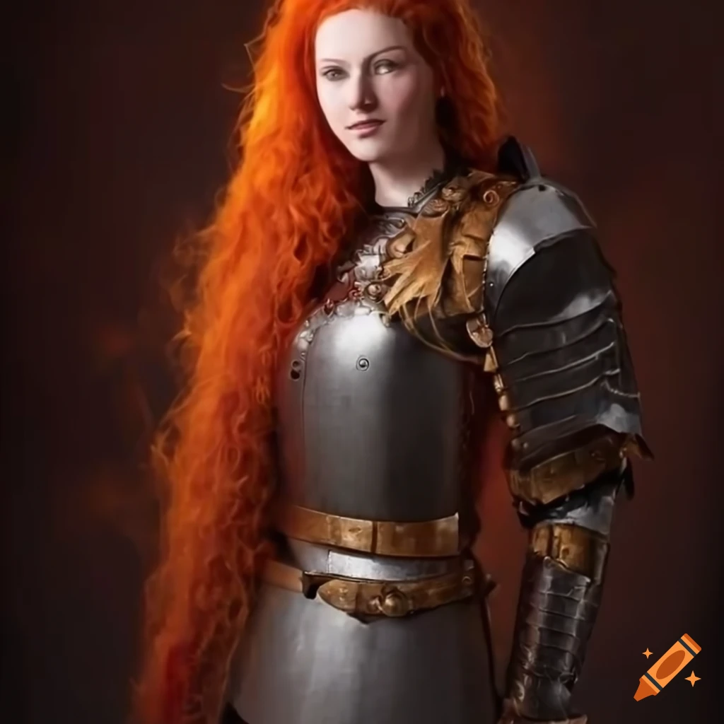 Redhead warrior woman in half plate armor with flaming sword on Craiyon