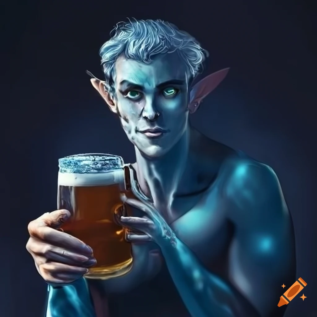 Male blue water genasi with a beer mug sitting and smiling on Craiyon