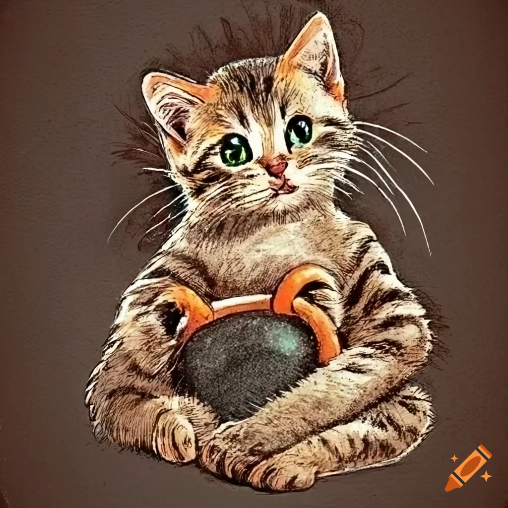 Kittens with a kettlebell in 90's vintage clipart style