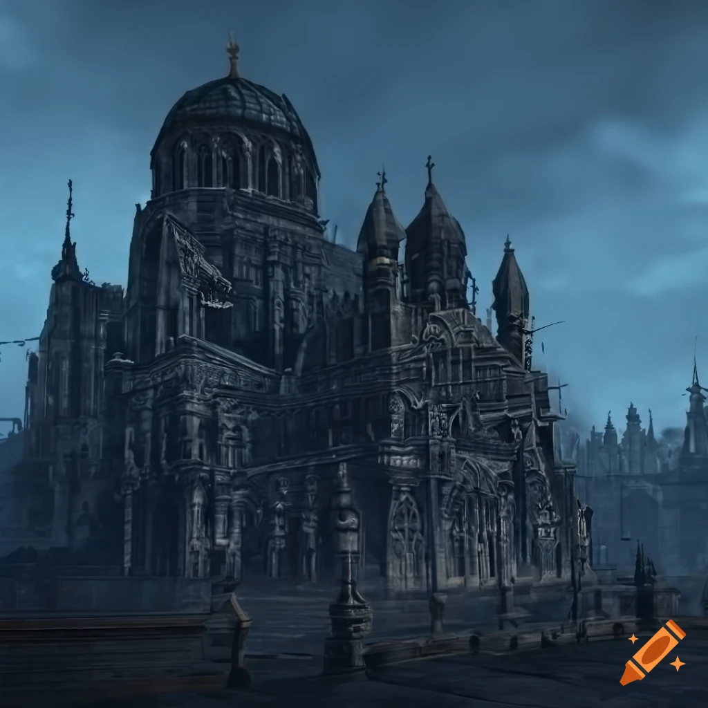 Neo-Byzantine cathedral in a city with a Bloodborne style on Craiyon