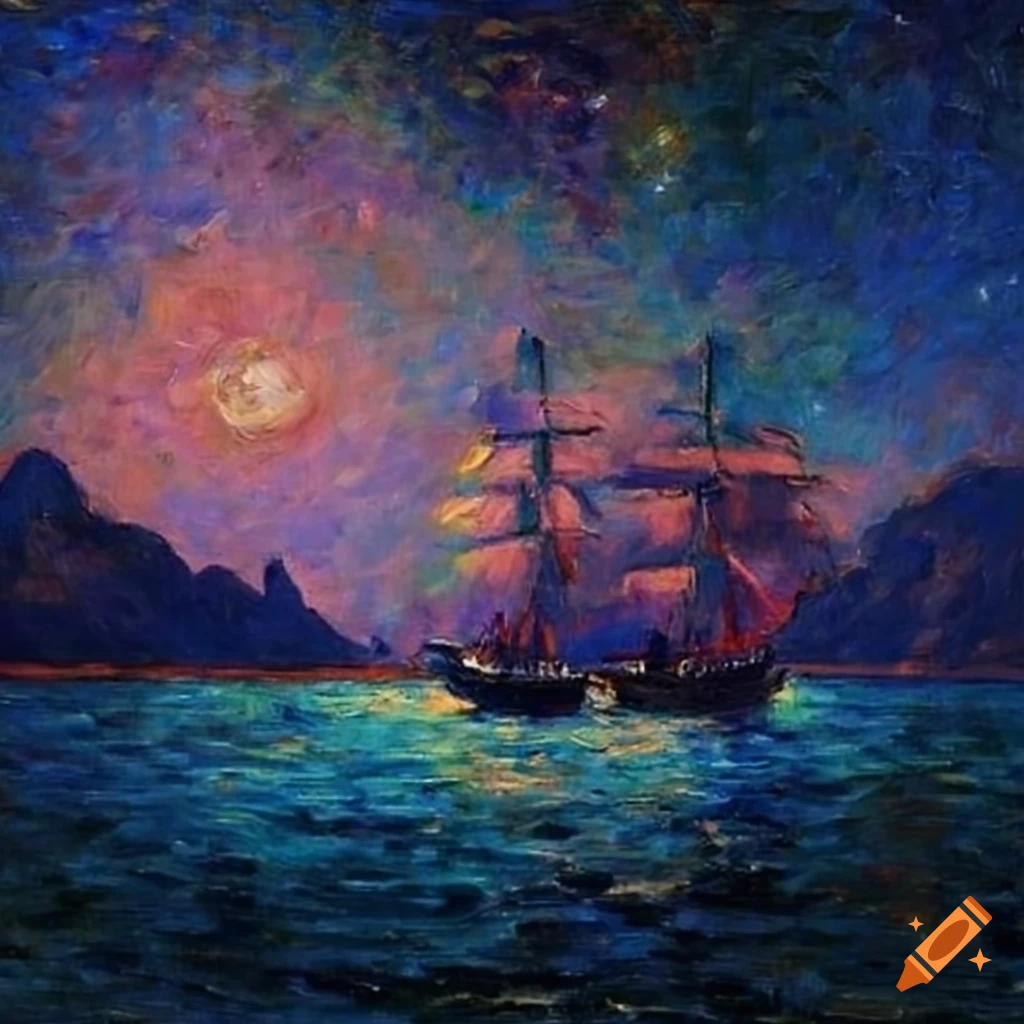 Impressionist oil painting of a colony ship among the stars and a ship ...