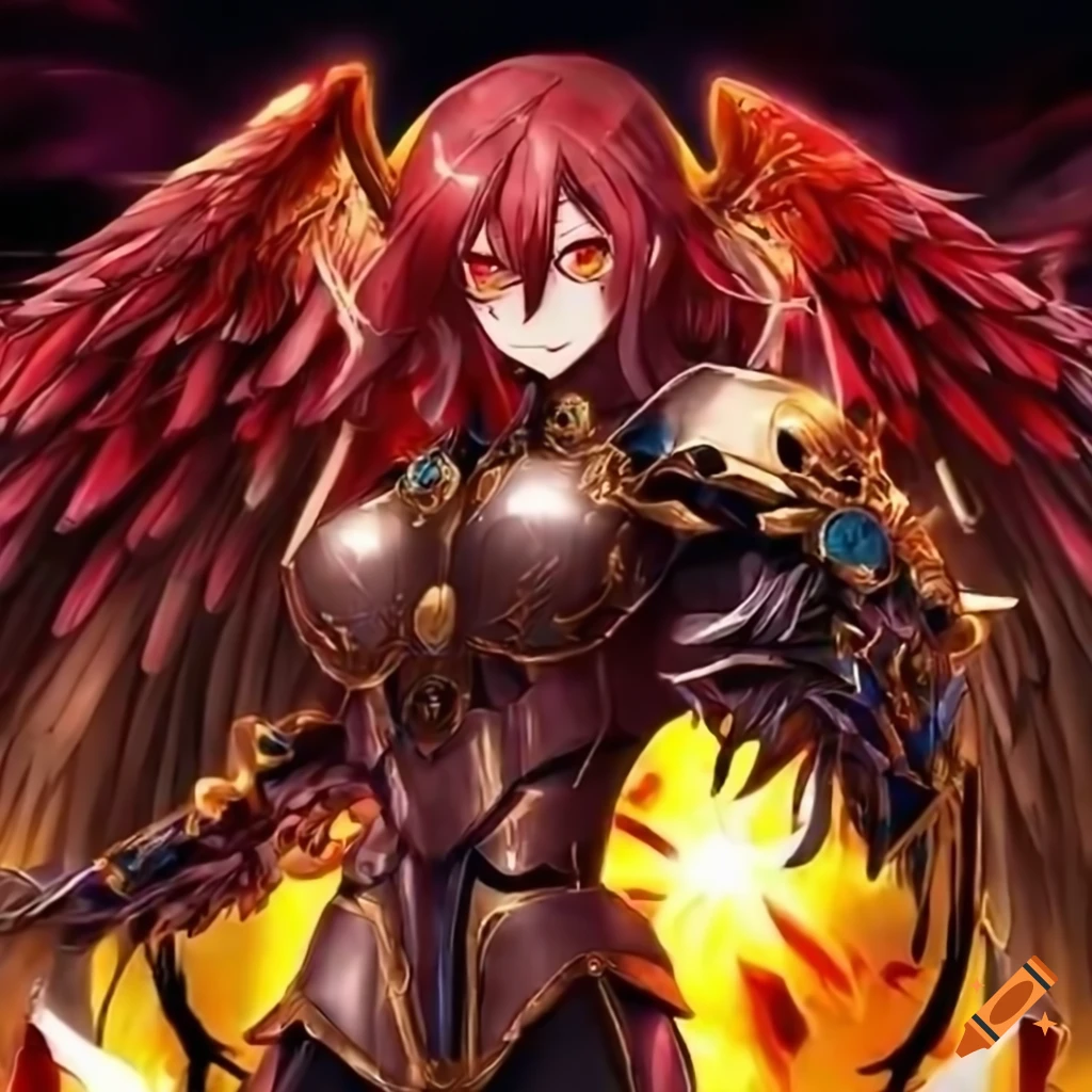 Anime character with ponytail red and gold hairstyle, angelic queen in sapphire crown
