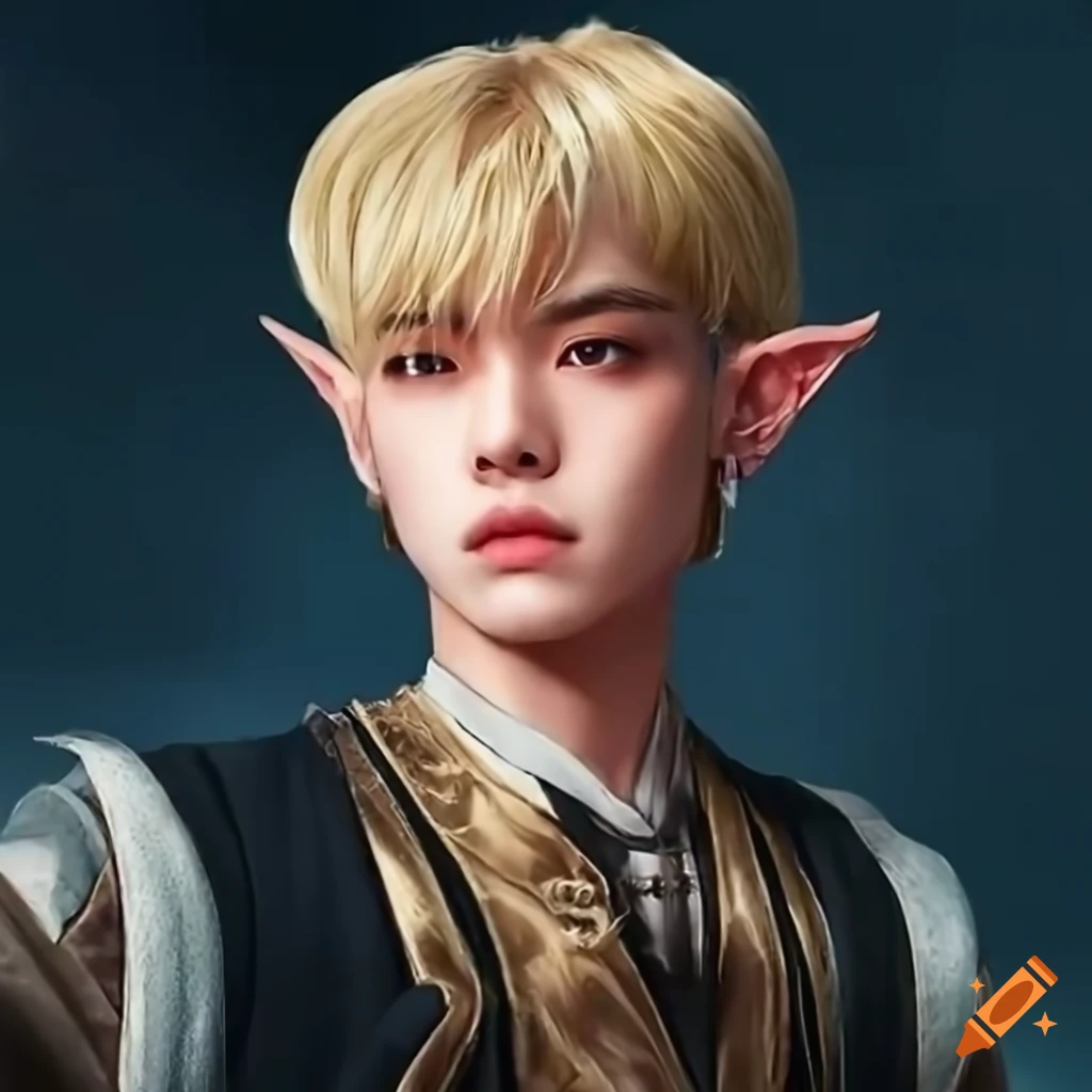 Captivating hazel-eyed male elf with modern blonde hair and charismatic aura