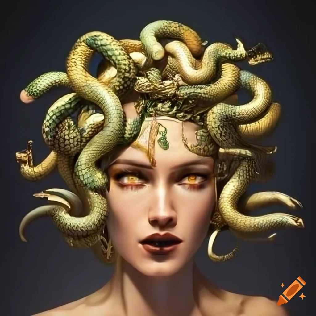Portrait of medusa with golden snakes in her blonde hair and snake