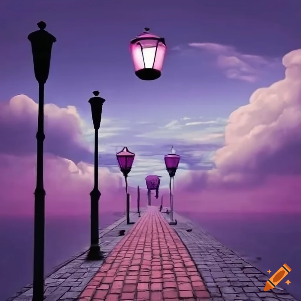 Surreal floating road and street lamps in a purple sky with clouds