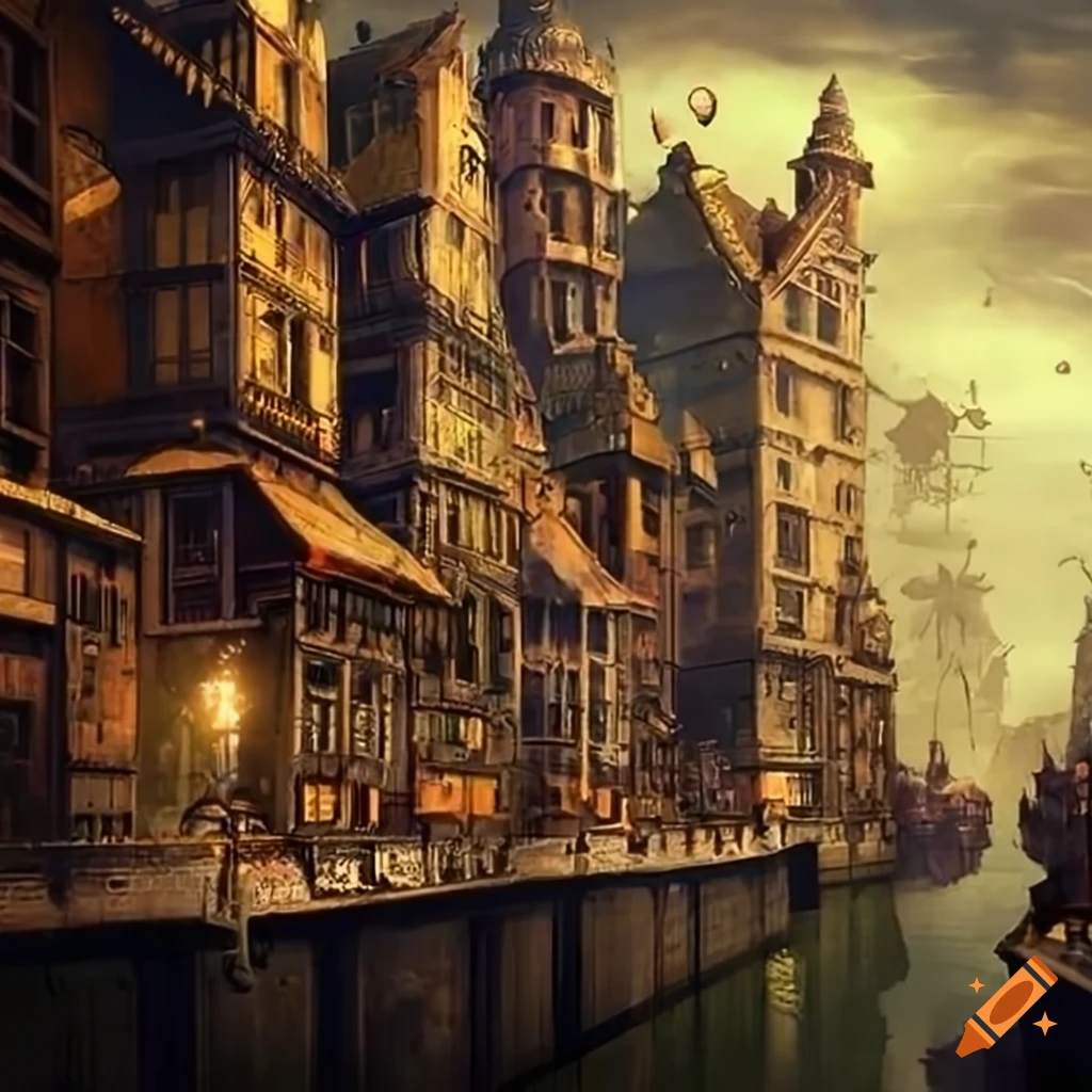 Steampunk fishing district in a city with a futuristic twist