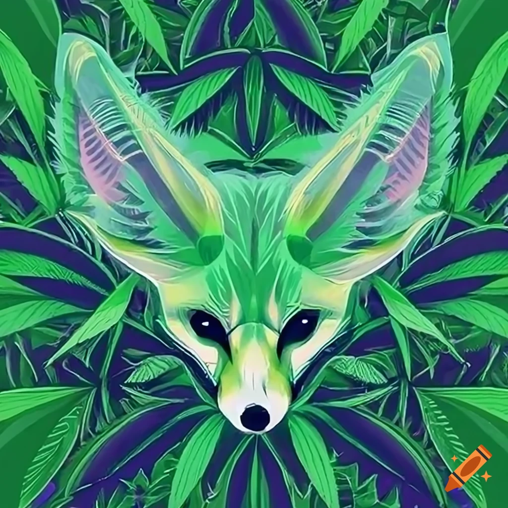 Magical fennec fox with vibrant fur and cannabis-inspired elements