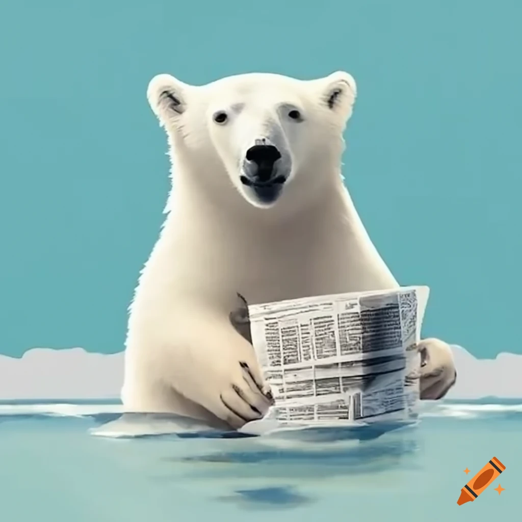 Polar bear holding newspaper