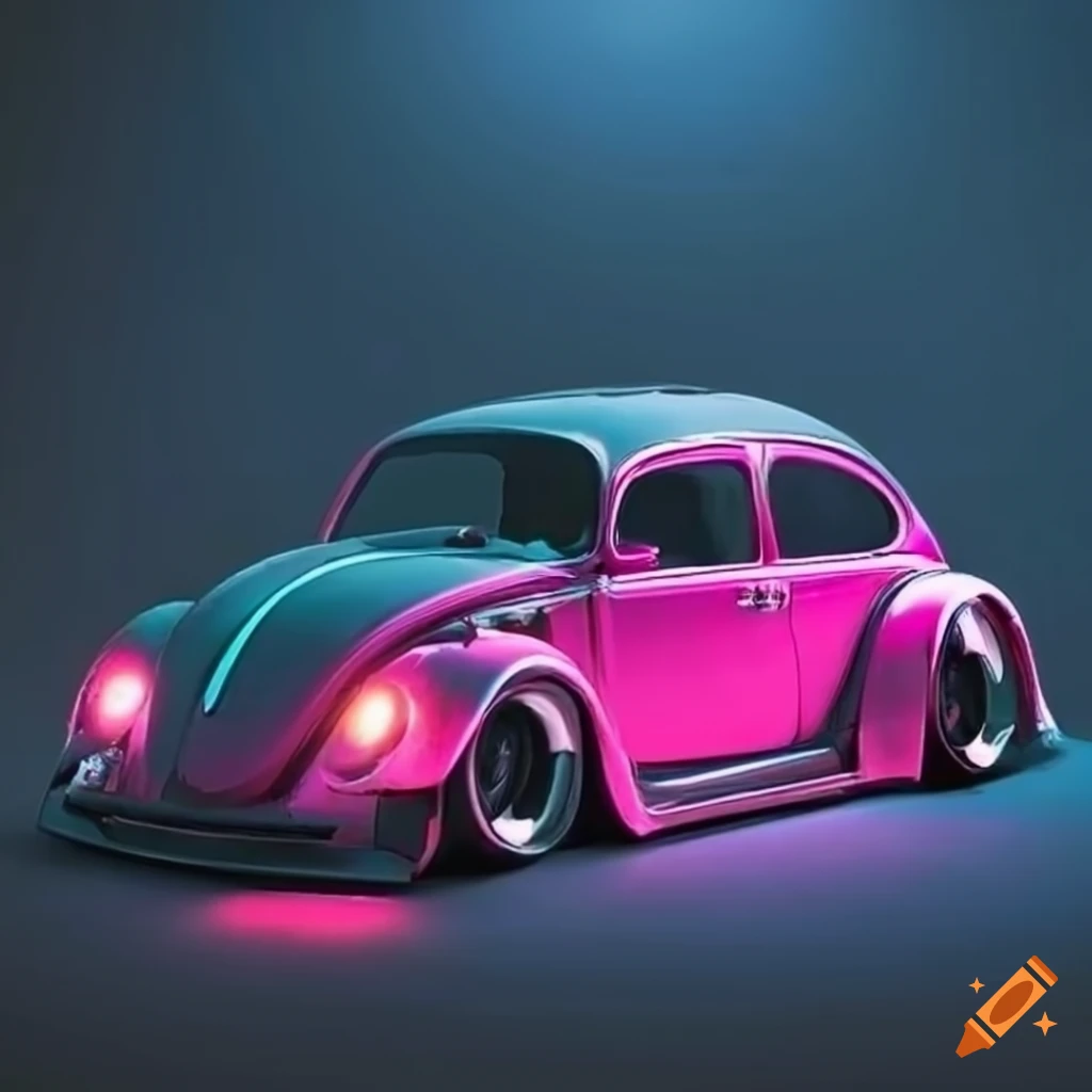 Retro-futuristic VW Bug with neon-glowing racing wheels in a cyberspace theme
