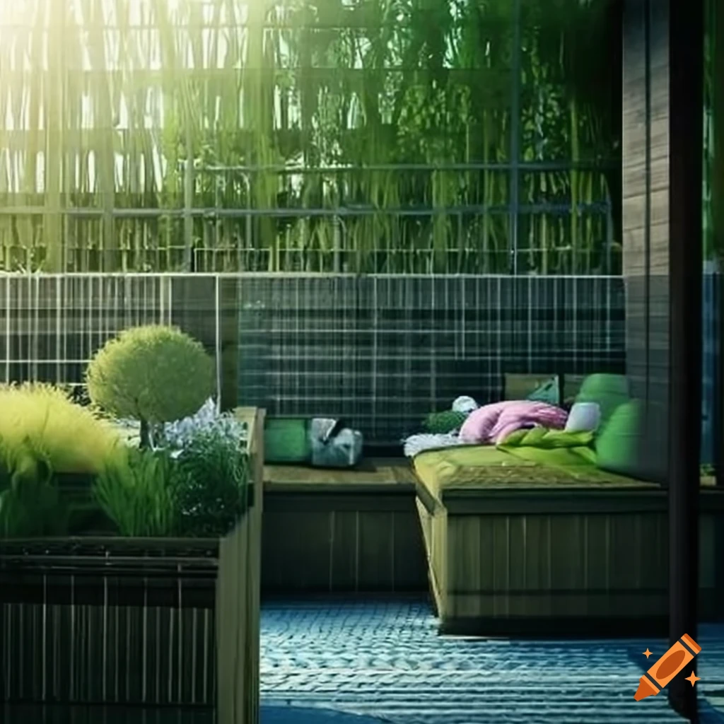 Roof garden landscape design with green wicker planters on a terrace