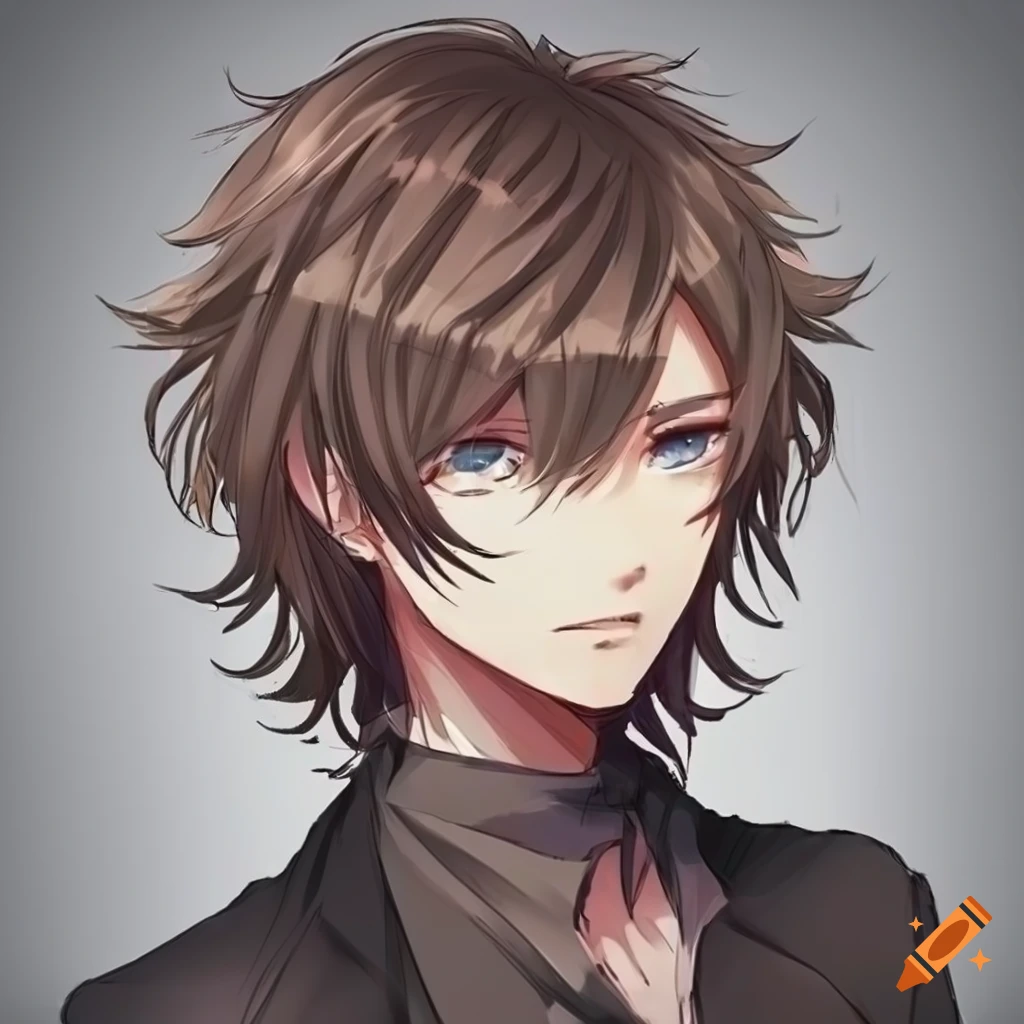 Anime male character with soft brown hair and grey eyes