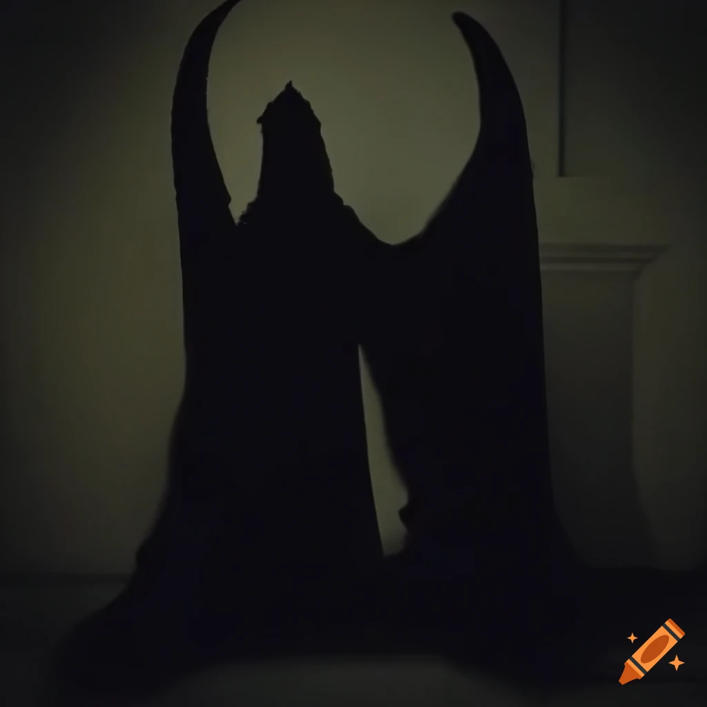 Mysterious figure cloaked in shadows with gothic, decayed wings