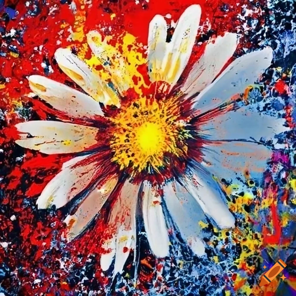Splatter Abstract Flowers Abstract splatter painting in silver, white, red, and yellow with ...