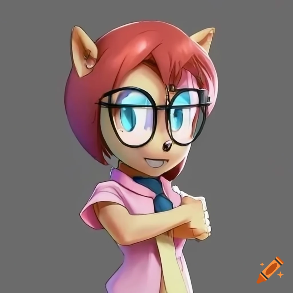 Sally Acorn with black pixie cut hair, pink shirt, and glasses with arms crossed
