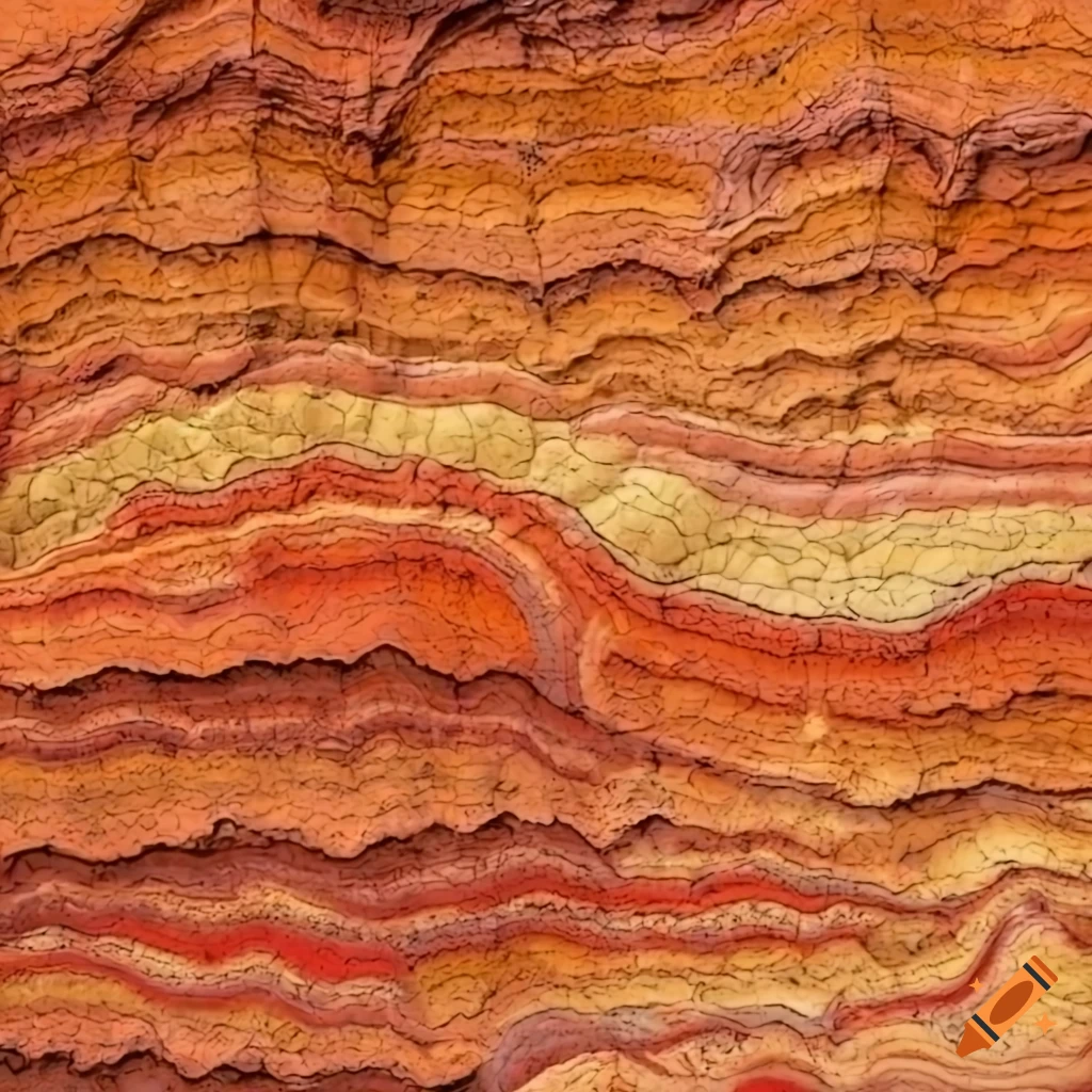 Geological stratified formation in red-ochre mosaic pattern