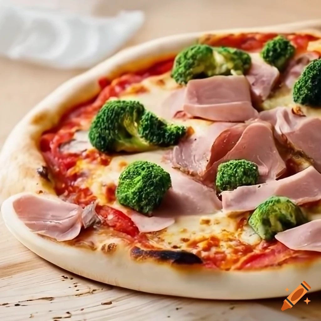 Pizza with ham, broccoli, and hollandaise sauce