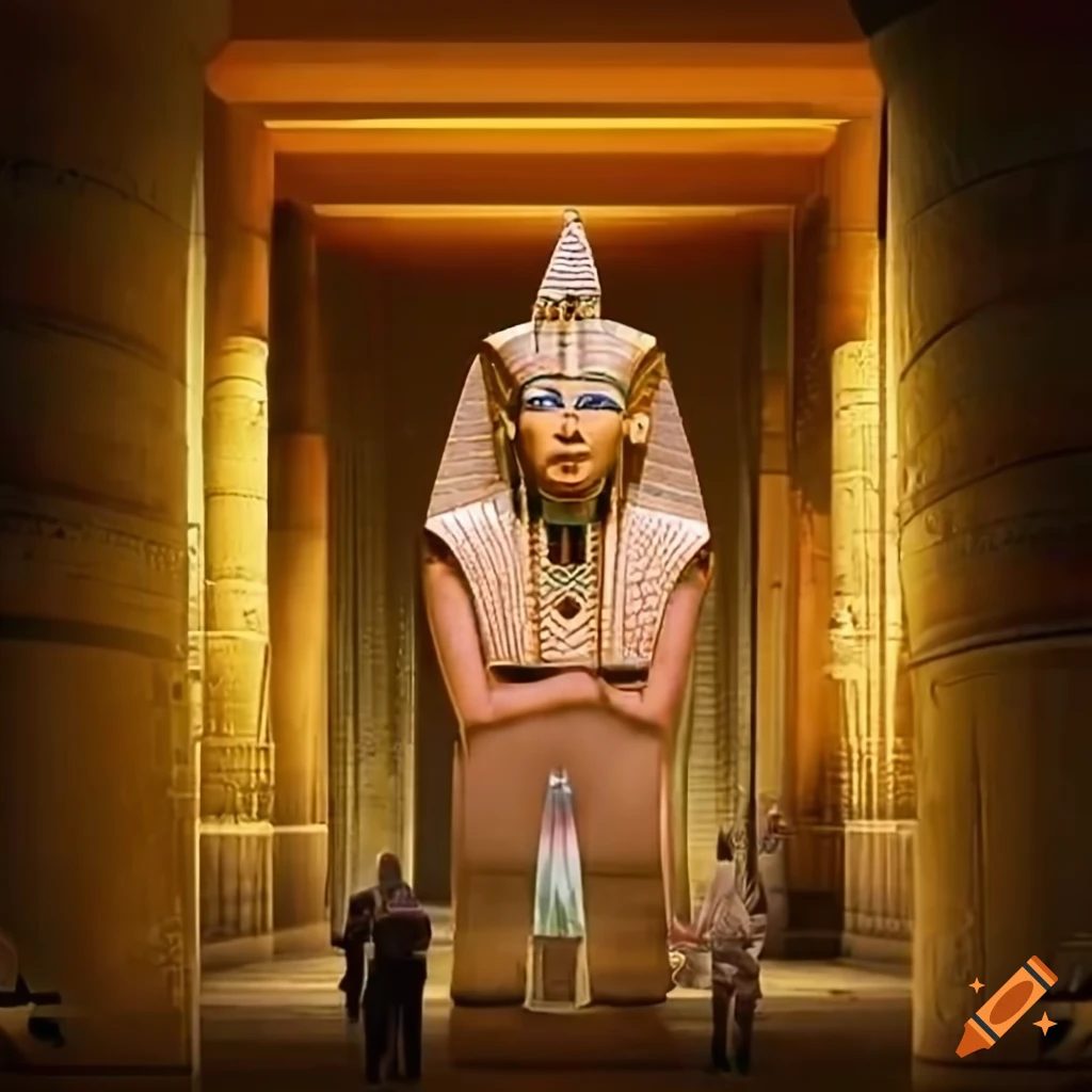 Ancient Egyptian pharaoh exiting a shiny temple