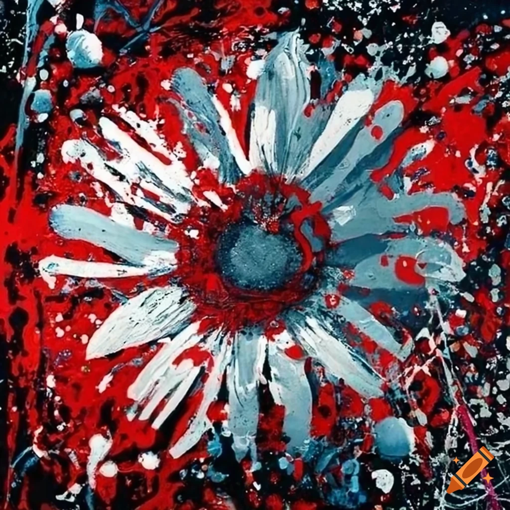 Abstract silver and white splatter painting with red chamomile flowers in a galactic abyss