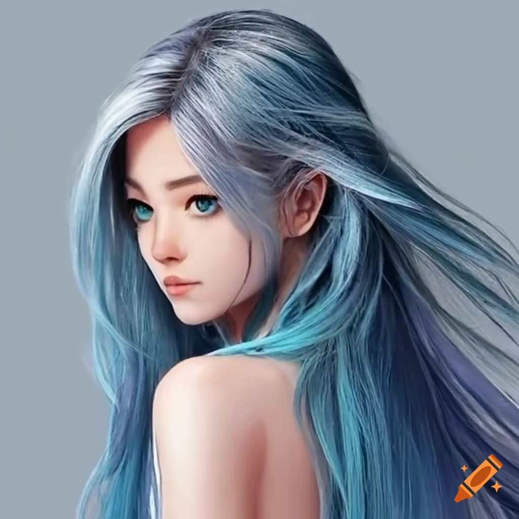 Woman with steel blue and silver hair running on craiyon