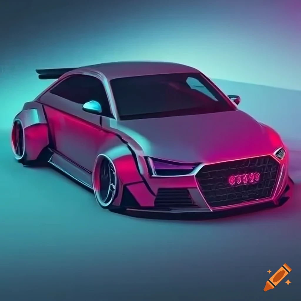 Retro-futuristic low-rider Audi with neon-glowing wheels in a cyberspace theme
