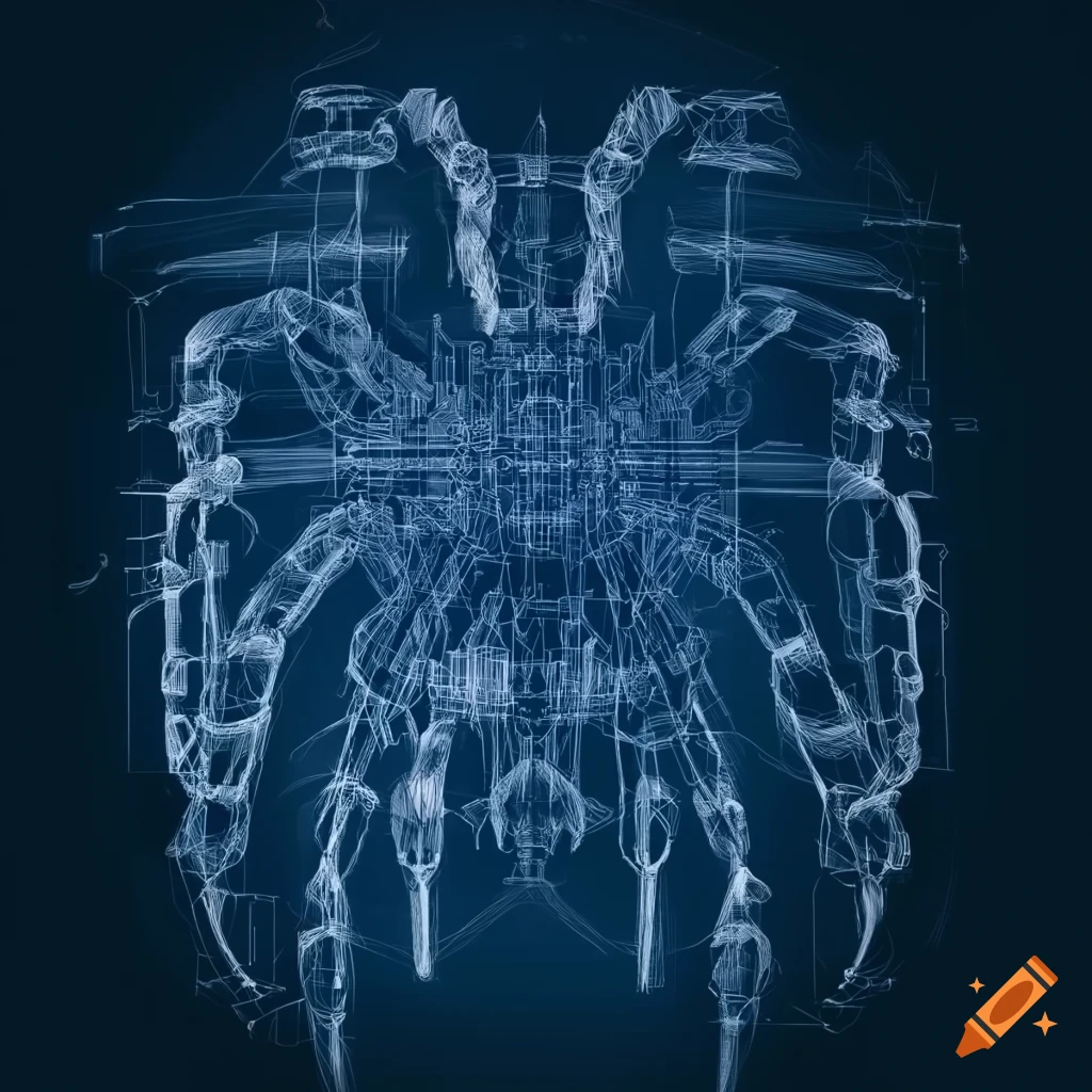 Detailed spider engineering blueprint with x-ray effect and scifi design