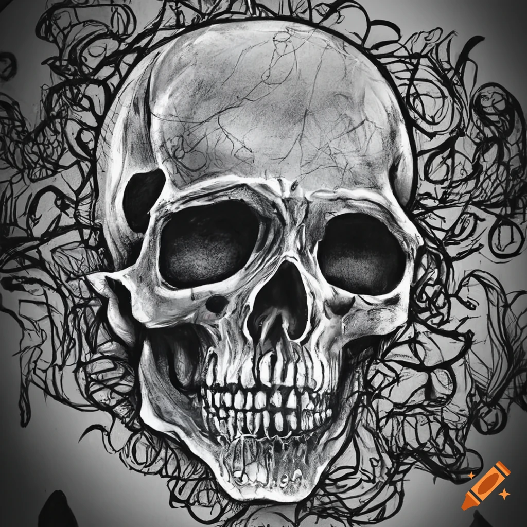 skull drawing horror original art, Skeleton abstract ink drawing, macabre  dark artwork 8.5 x 11 inch