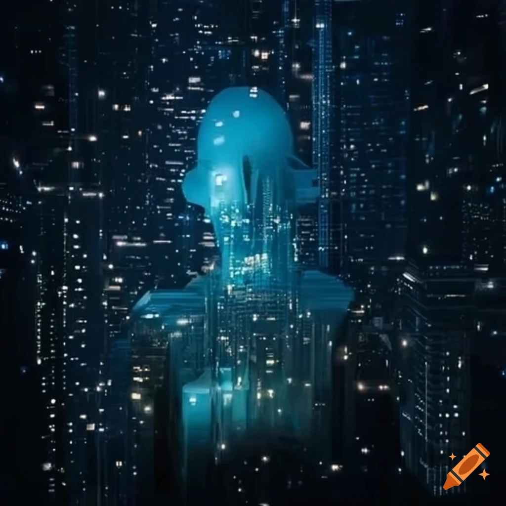 Abstract cityscape with twinkling lights forming a humanoid shape