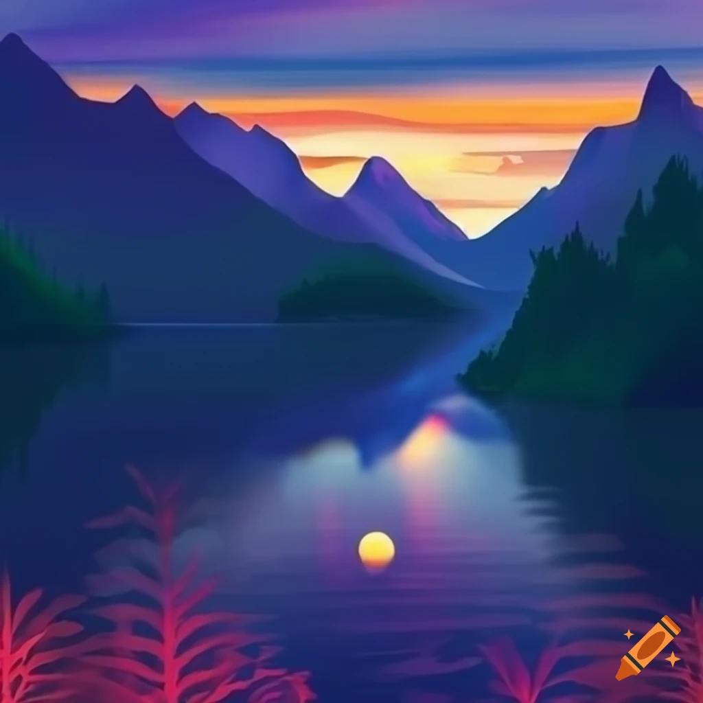 Mountain lake at sunset with sun's rays reflecting on the water on Craiyon