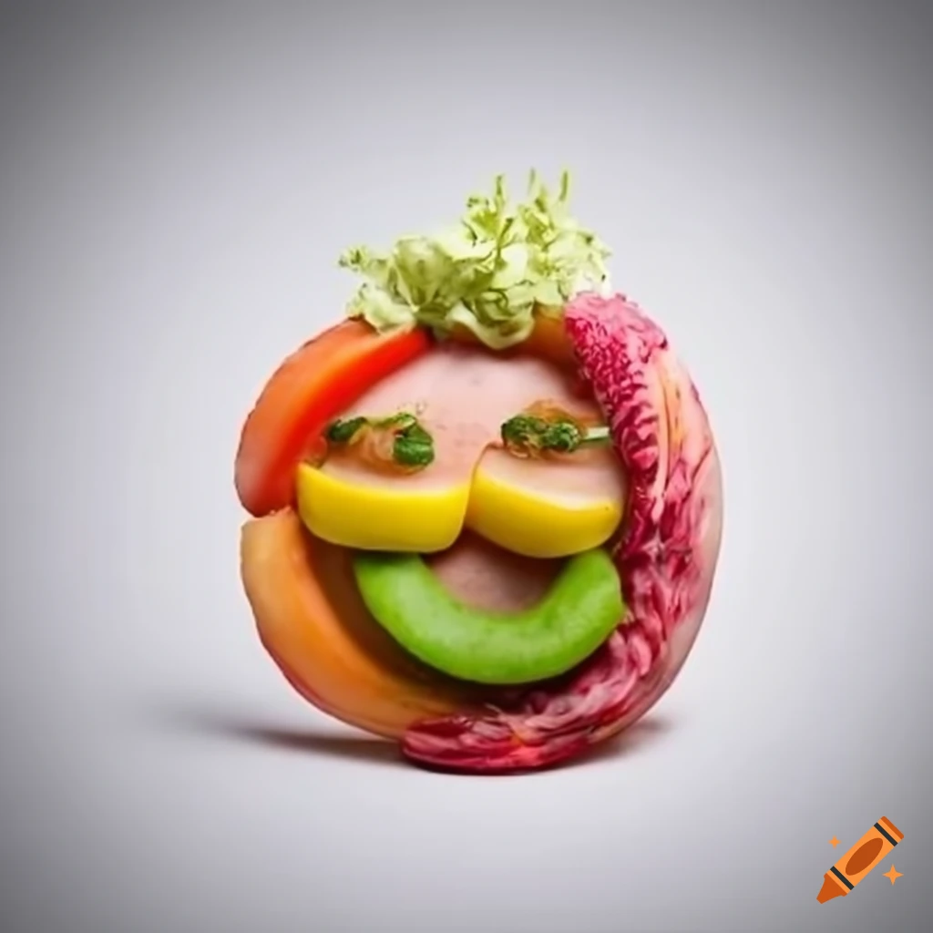 Person's beautiful face made of healthy food on a white background