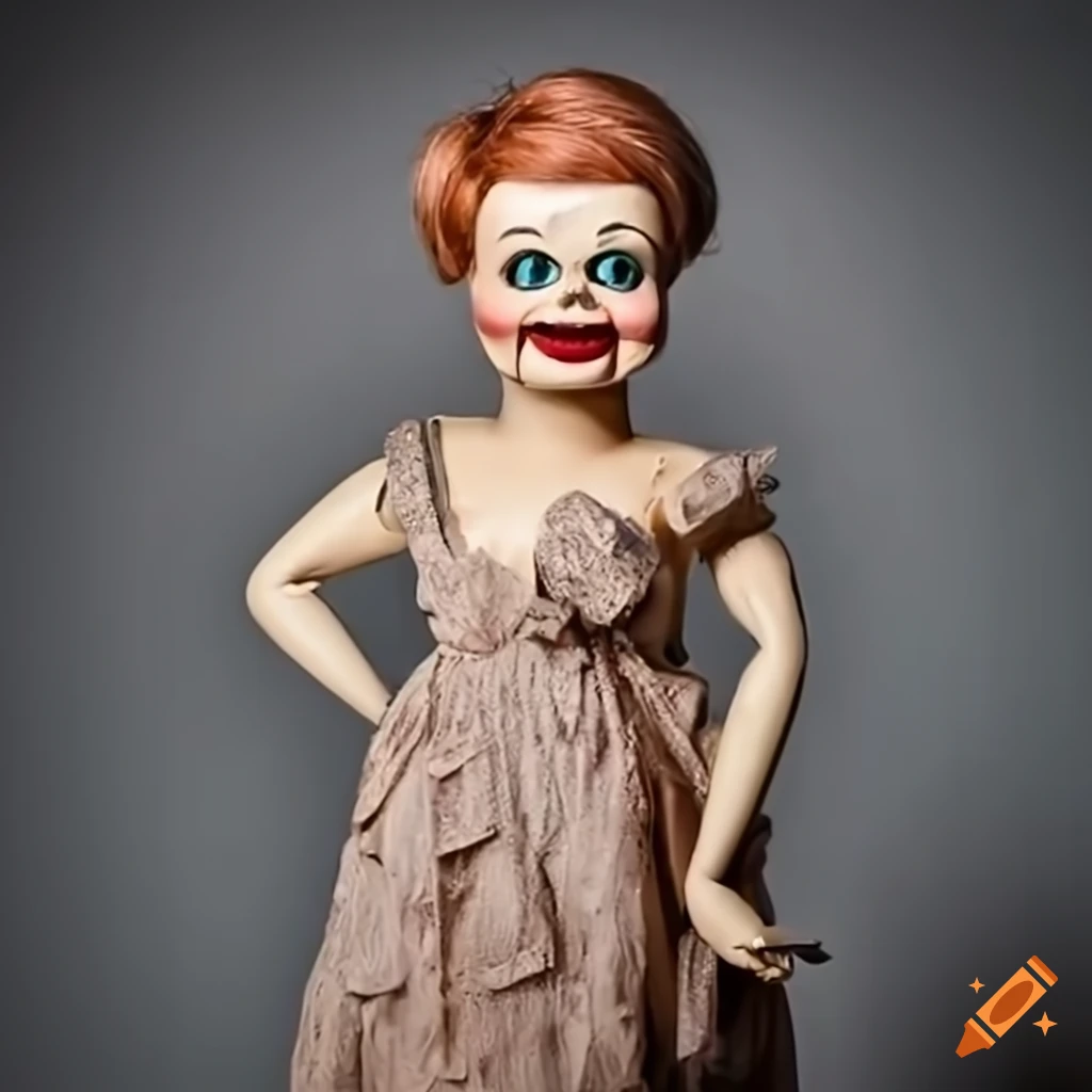 Evil kari lake ventriloquist dummy in a dirty dress vacuuming on Craiyon