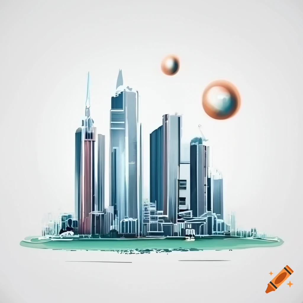 Graphic drawing of a city symbolizing the economic system on a white background