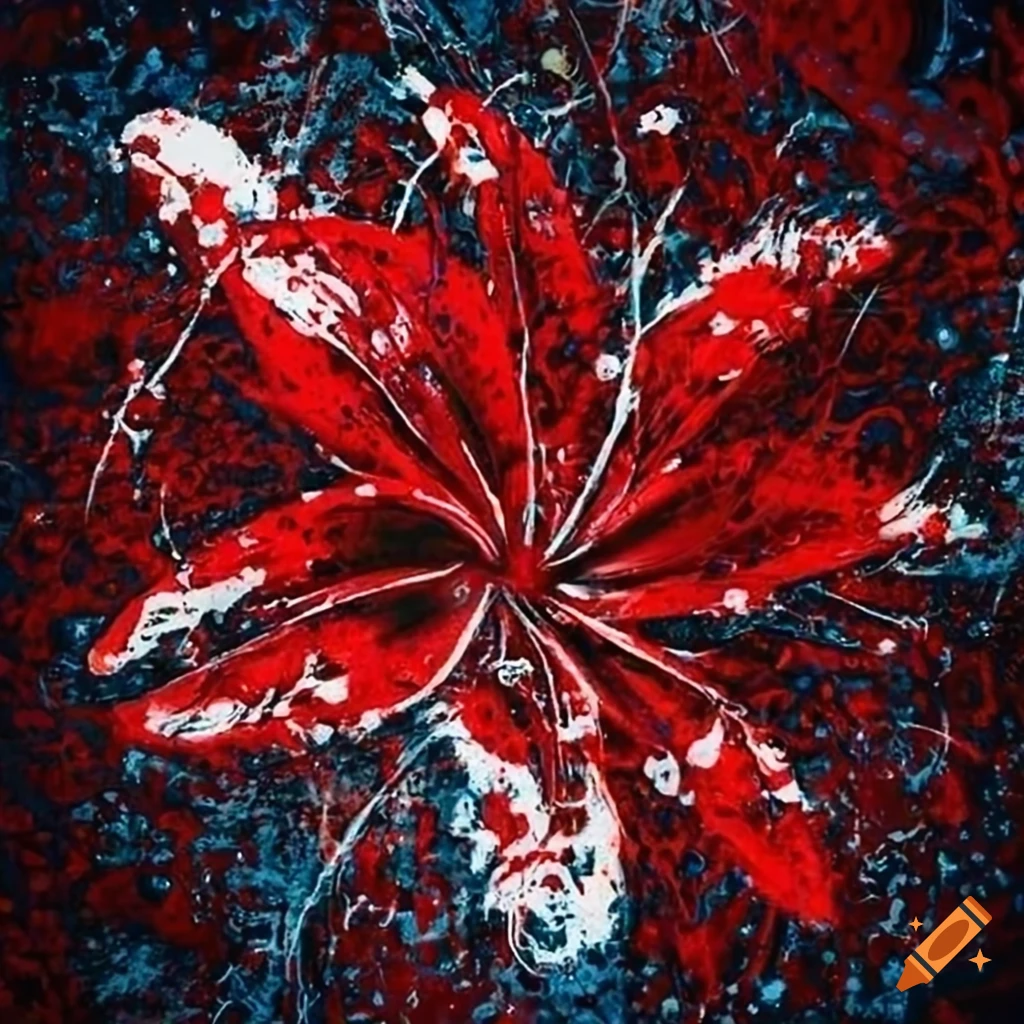 Captivating abstract splatter painting with silver, white, red depicting lily flowers and chamomile in a galactic abyss