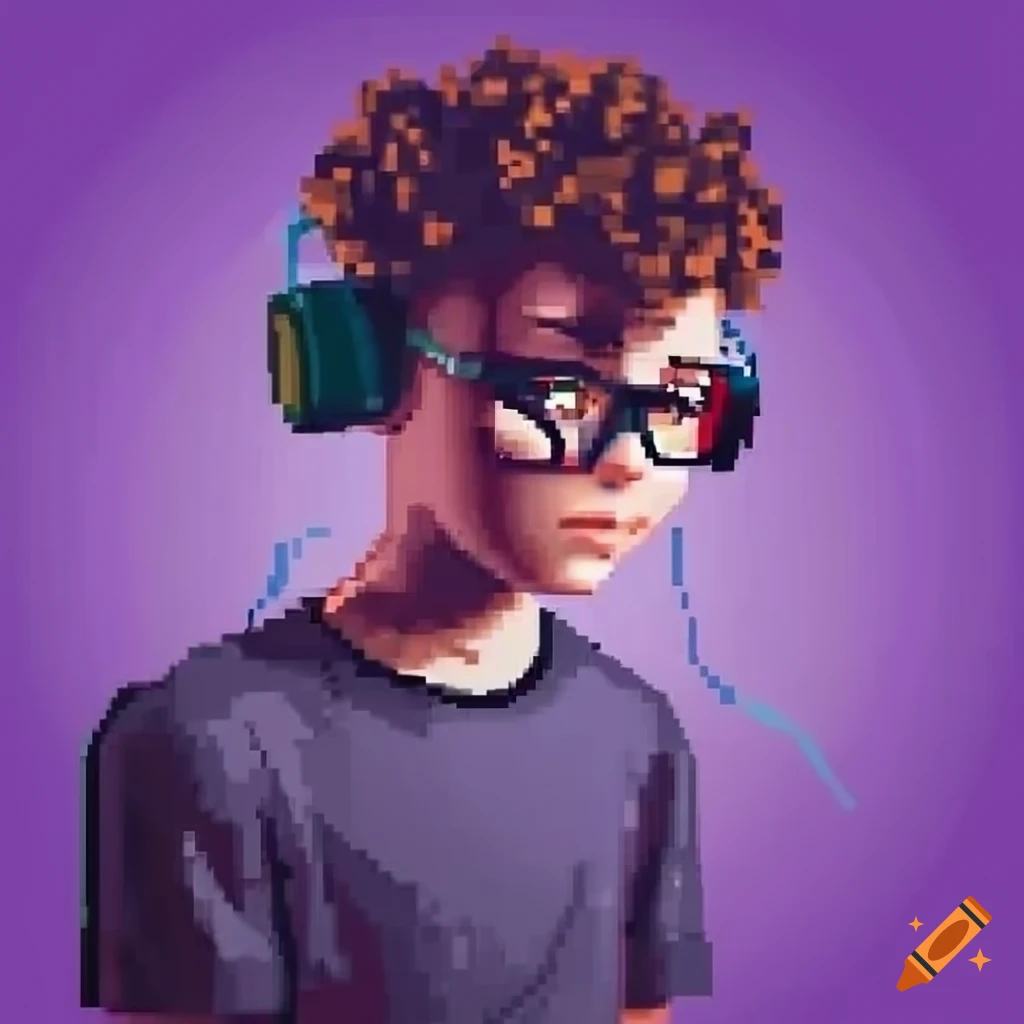 Retro style gamer boy avatar with headphones and purple background