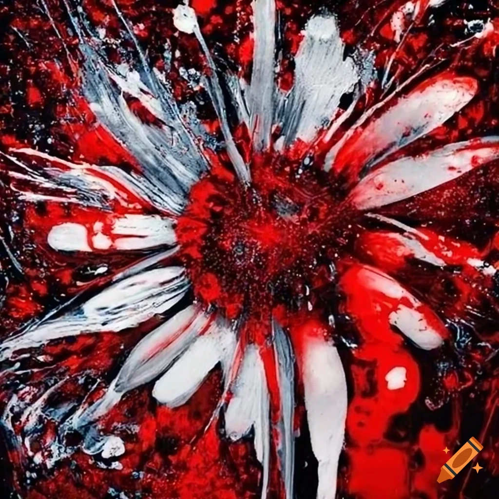 Abstract silver and white splatter painting with red chamomile flowers in a galactic abyss