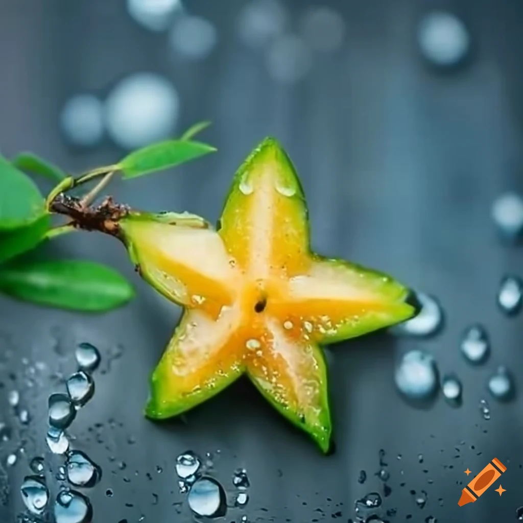 Juicy star fruit with water drops, vibrant colors
