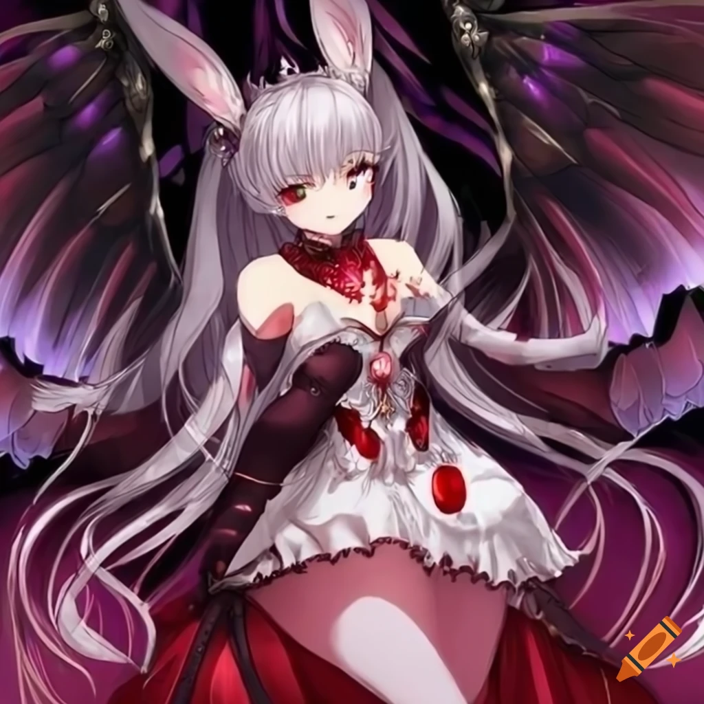 Anime majesty queen with bat wings, bunny ears, demon horns, dragon tail, sapphire crown, and jeweled dress