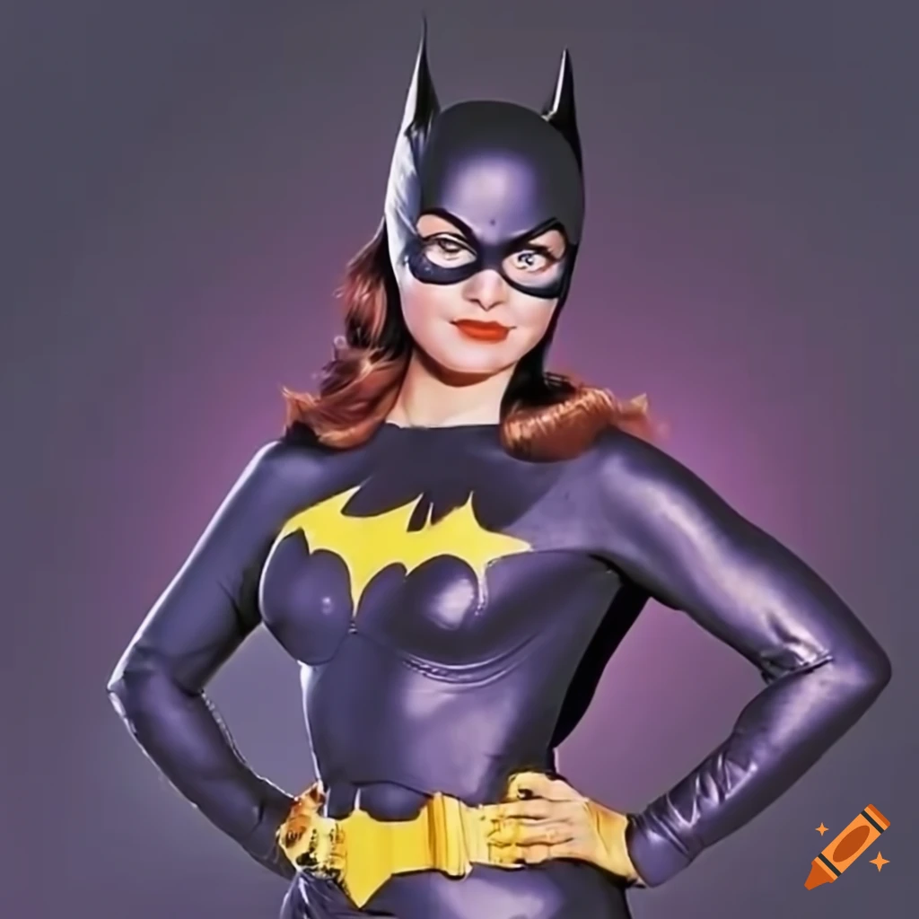 Batgirl Yvonne Craig standing with hands on hips in a city setting