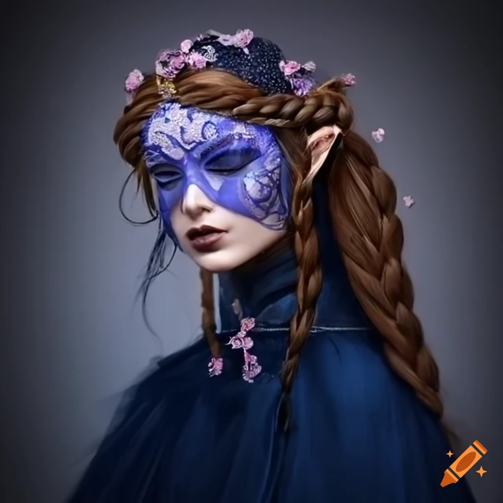 Elven woman in navy blue ballgown with masquerade mask and auburn braided hair