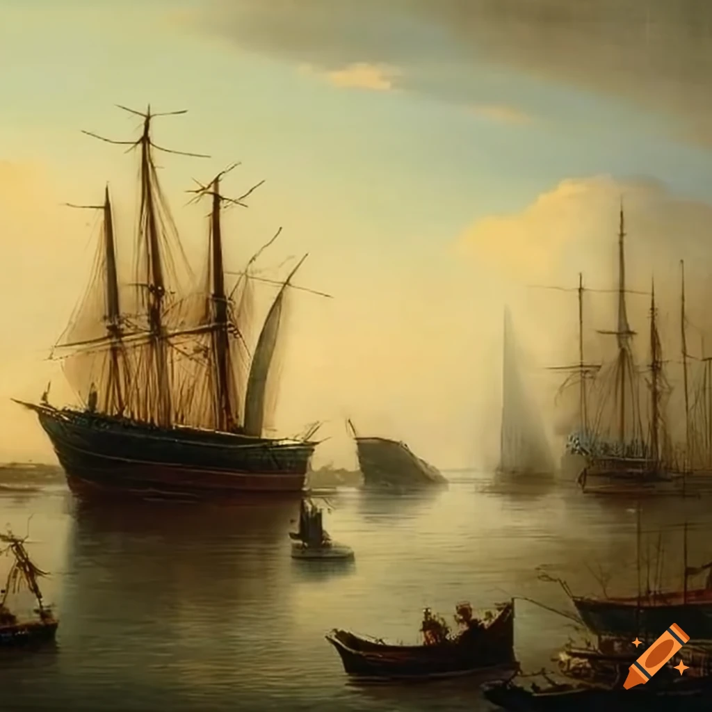 Harbor with 19th-century cargo ships