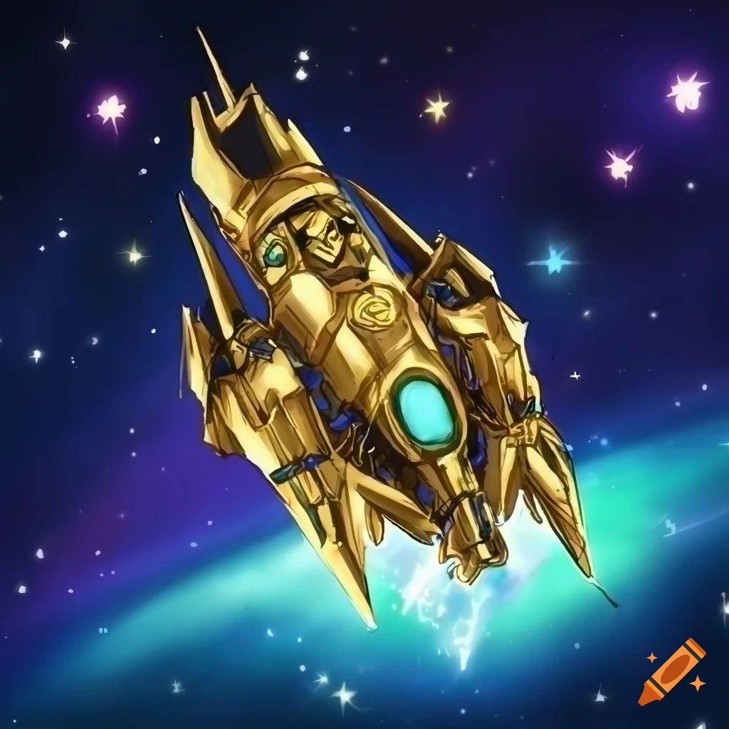 YUGIOH artwork of a golden spaceship inspired by the Gemini constellation
