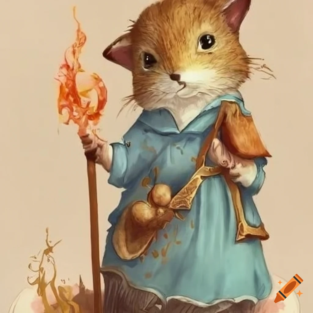 Cute animal sorcerer in Beatrix Potter style