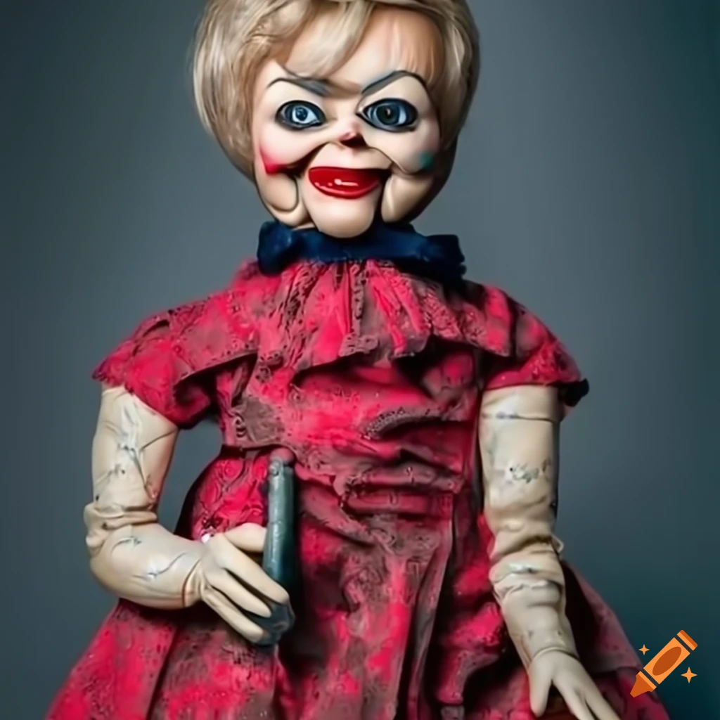 Evil kari lake ventriloquist dummy in a dirty dress vacuuming on Craiyon